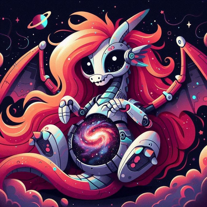 black_sclera galaxy hair long_hair machine planet red_hair space icefoxai dragon robot