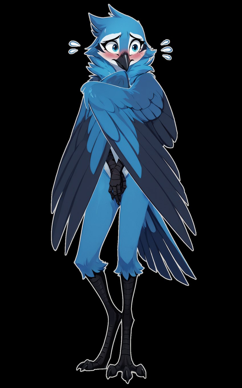 3_toes anthro beak belly blue_body blue_eyes blush blush_lines claws covering covering_breasts covering_crotch covering_self digitigrade embarrassed feathered_wings feathers feet female fingers fluffy folded_wings looking_away neck_tuft scuted_arms scuted_legs scutes shy simple_background slim slim_female solo standing tail_feathers toes transparent_background tuft white_belly wings wings_covering_breasts oldhroft avian bird blue_jay corvid jay_(bird) new_world_jay oscine passerine alpha_channel full-length_portrait hi_res portrait