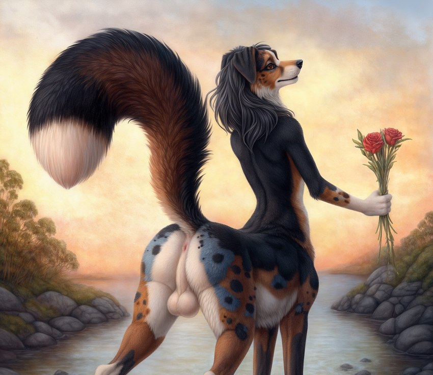 anus balls big_balls big_tail black_body black_fur black_lips black_nose brown_body brown_eyes brown_fur butt cheek_tuft day detailed_fur facial_tuft floppy_ears flower fur genitals grey_body grey_fur grey_hair hair holding_flower holding_object lips long_hair long_tail male mouth_closed multicolored_body multicolored_fur outside perineum pink_anus plant presenting presenting_hindquarters quadruped rock rose_(flower) shrub slim solo solo_focus spots spotted_body spotted_fur standing three-quarter_view tuft water whisker_spots white_balls white_body white_butt white_fur white_perineum white_tail_tip blp australian_shepherd canid canine canis domestic_dog herding_dog mammal pastoral_dog sheepdog taur detailed hi_res