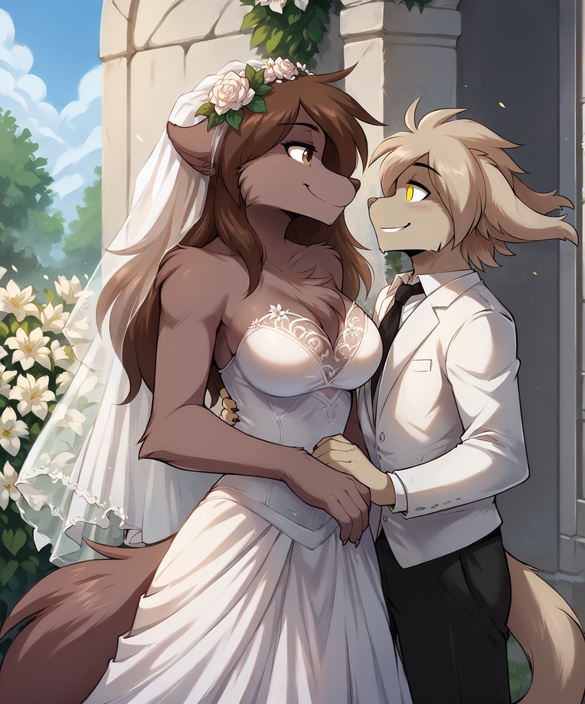 anthro blush breasts bride brown_body brown_fur brown_hair cleavage clothed clothing detailed_background dress duo eye_contact female flower fur hair hand_holding looking_at_another male male/female necktie outside plant romantic romantic_ambiance romantic_couple smile suit tuft twokinds wedding wedding_dress white_clothing white_dress yellow_eyes anontk keith_keiser natani canid canine canis keidran mammal wolf hi_res