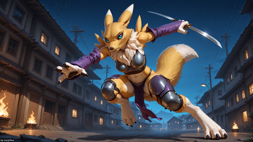 3_toes 4_fingers action_pose anthro armor armwear barefoot biped black_nose black_pawpads black_sclera blue_eyes bottomwear breasts building chest_tuft city claws clothed clothing countershade_feet countershading detailed_background digitigrade dipstick_ears dipstick_tail ear_markings facial_markings feet female finger_claws fingers fire fluffy fluffy_tail fur glistening gloves handwear head_markings holding_melee_weapon holding_object holding_sword holding_weapon house loincloth low-angle_view markings melee_weapon midriff multicolored_body multicolored_ears multicolored_fur multicolored_tail navel neck_tuft night on_one_leg outside pawpads paws pose purple_clothing skimpy sky solo spread_legs spreading standing star starry_sky street sword tail tail_markings thick_thighs toe_claws toes topwear tuft two_tone_body unconvincing_armor weapon white_body white_fur yellow_body yellow_fur ivorymane digimon digimon_(species) mammal renamon hi_res signature watermark widescreen