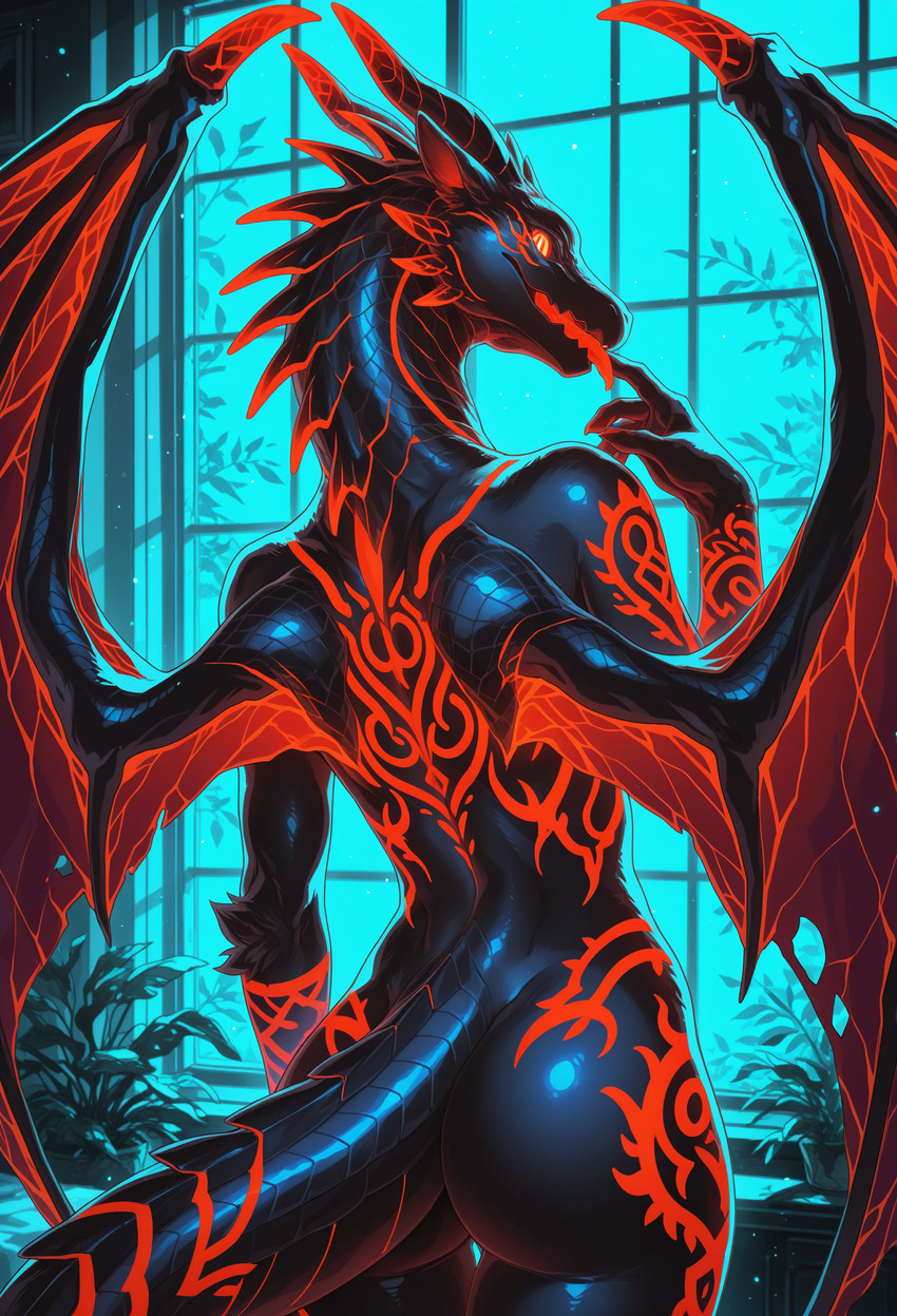 5_fingers anthro black_body blue_light cheek_spikes facial_spikes female fingers glowing glowing_body horn inside looking_at_viewer looking_back looking_back_at_viewer membrane_(anatomy) membranous_wings mythology night nude nude_female open_mouth plant raised_hand rear_view red_tattoo sharp_teeth solo spikes spikes_(anatomy) standing tattoo teeth tongue tongue_out window wings yellow_sclera chilon249 dragon mythological_creature mythological_scalie scalie blue_theme hi_res portrait three-quarter_portrait yiffymix_(model)