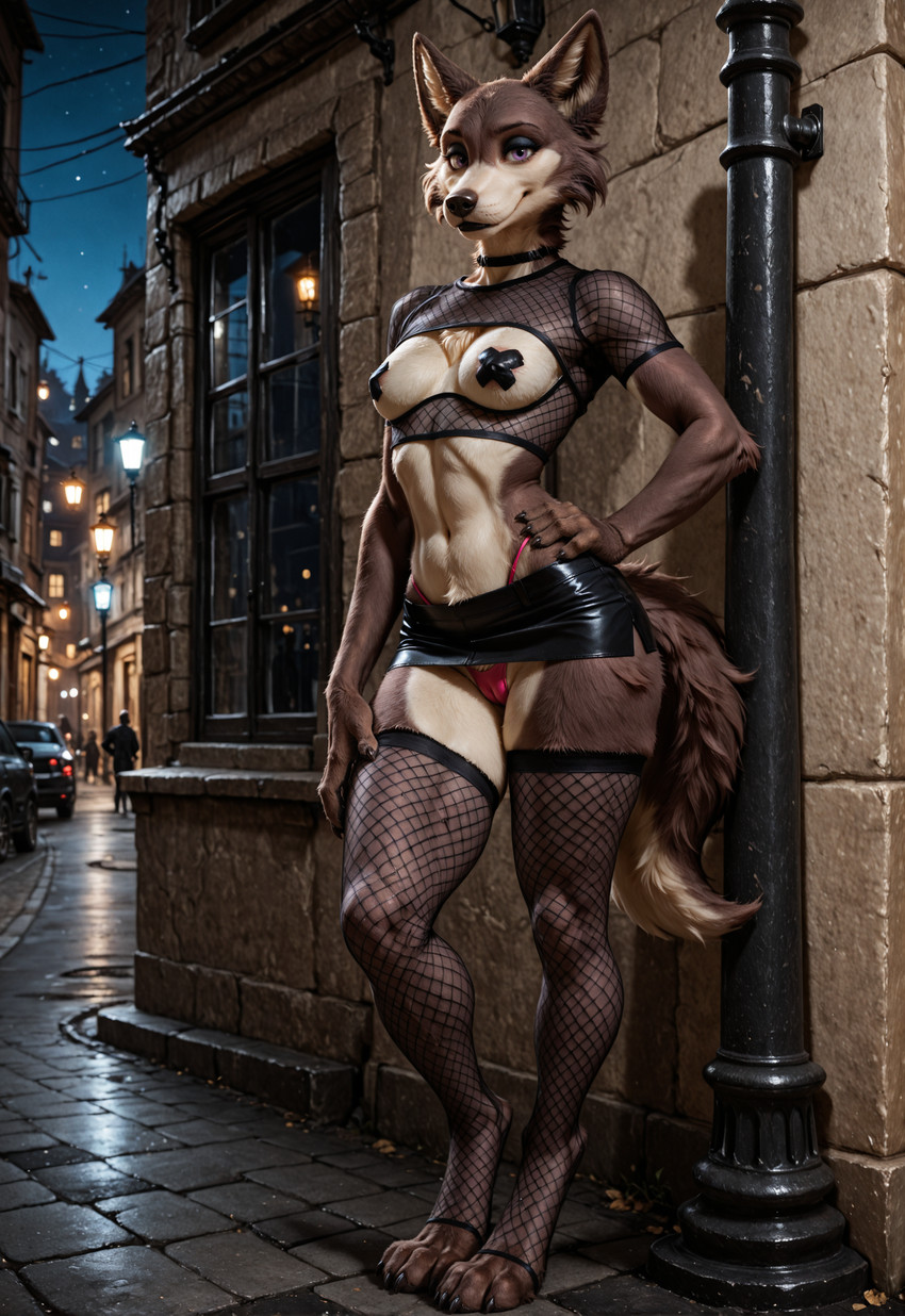 alley anthro belly black_lips bottomwear breasts camel_toe choker city city_background claws clothing digitigrade eyelashes eyeshadow female fishnet fishnet_clothing fishnet_legwear fishnet_thigh_highs fishnet_topwear hand_on_leg hand_on_thigh jewelry legwear lips looking_at_viewer makeup miniskirt navel necklace night nipple_tape outside pasties paws prostitution purple_eyes skirt slim_female small_breasts smile solo standing tape thick_thighs thong thong_straps topwear underwear wide_hips beastars juno_(beastars) canid canine canis humanoid mammal wolf hi_res