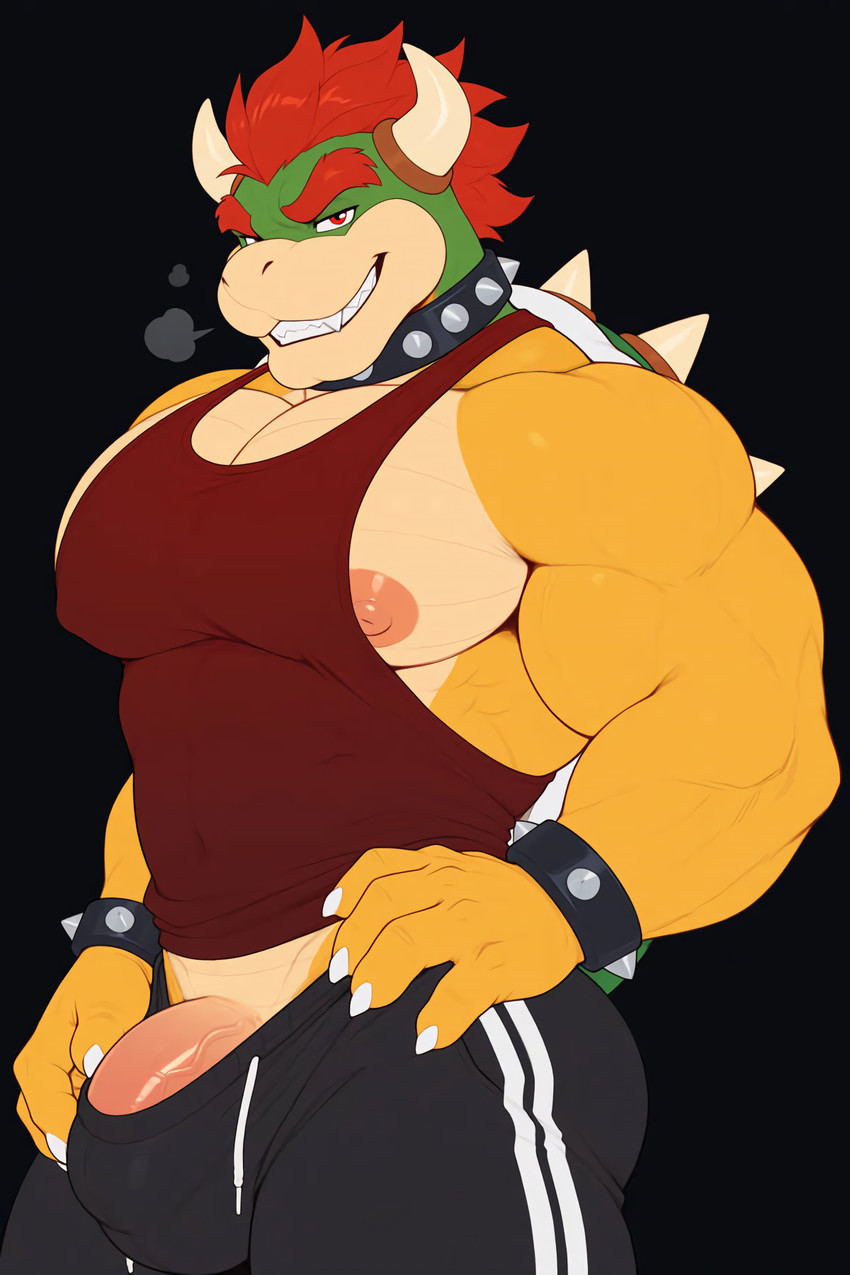 anthro anthrofied belly_scales biceps big_biceps big_muscles big_pecs black_background bracelet breath bulge claws clothed clothing collar eyebrows genitals grin grinning_at_viewer hair half-closed_eyes half-erect hand_on_hip horn humanoid_genitalia humanoid_penis jewelry lats male manly muscular muscular_male narrowed_eyes nipples partially_visible_penis pecs penis red_eyes red_hair scales sharp_teeth shell shirt simple_background smile solo spiked_bracelet spiked_collar spikes standing tank_top teeth tenting thick_eyebrows thick_penis three-quarter_view tight_clothing tight_topwear toothy_grin topwear track_pants triceps turtle_shell vein promagentis mario_bros nintendo bowser koopa scalie hi_res portrait three-quarter_portrait