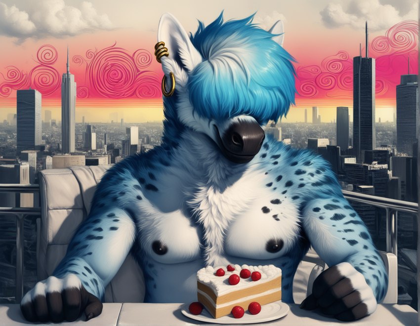 5_fingers abstract_background anthro black_body black_fur blue_body blue_fur cafe cake cake_slice chair chest_tuft city cloud dairy_products dessert detailed_background ear_piercing fingers food front_view fur furniture gold_(metal) gradient_background gradient_hair hair hair_over_eyes male piercing railing red_sky rooftop simple_background sitting sky skyscraper solo spots swirl table tuft whipped_cream white_body white_fur 7oxytron equid equine mammal zebra hi_res