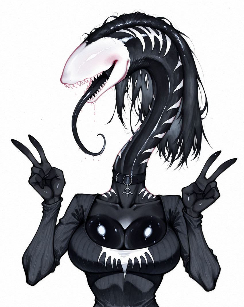 big_breasts black_body black_hair breasts choker cleavage clothed clothing female gesture goth hair jewelry long_neck long_tongue necklace sharp_teeth slime solo sweater teeth tongue topwear v_sign white_face arantonak eel fish marine monster hi_res