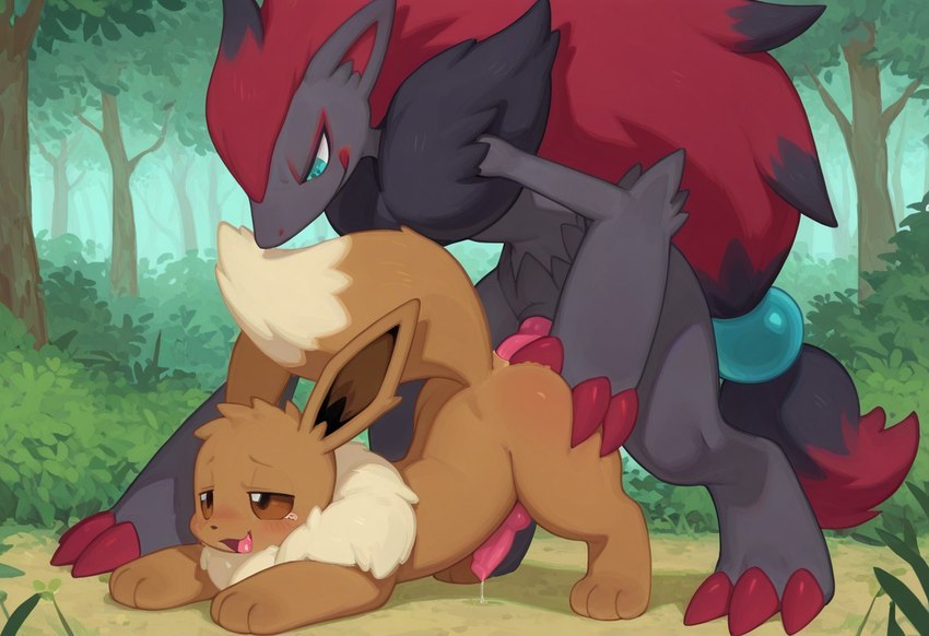 anal anal_penetration animal_genitalia animal_penis anthro black_body brown_body brown_fur canine_genitalia claws duo feral fur genitals grey_body hair male male/male penetration penis twinkaton nintendo pokemon canid canine eevee eeveelution generation_1_pokemon generation_5_pokemon mammal pokemon_(species) zoroark