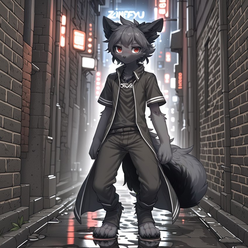 alley anthro black_body black_clothing black_fur bottomwear chest_tuft clothed clothing coat countershading detailed_background front_view fur grey_body grey_fur hair kemono looking_at_viewer male neon_lights notched_ear outside pants raincoat red_eyes reverse_countershading shirt short_hair smile solo standing topwear tuft arturowolff_(director) arturowolff canid canine canis mammal wolf full-length_portrait hi_res portrait