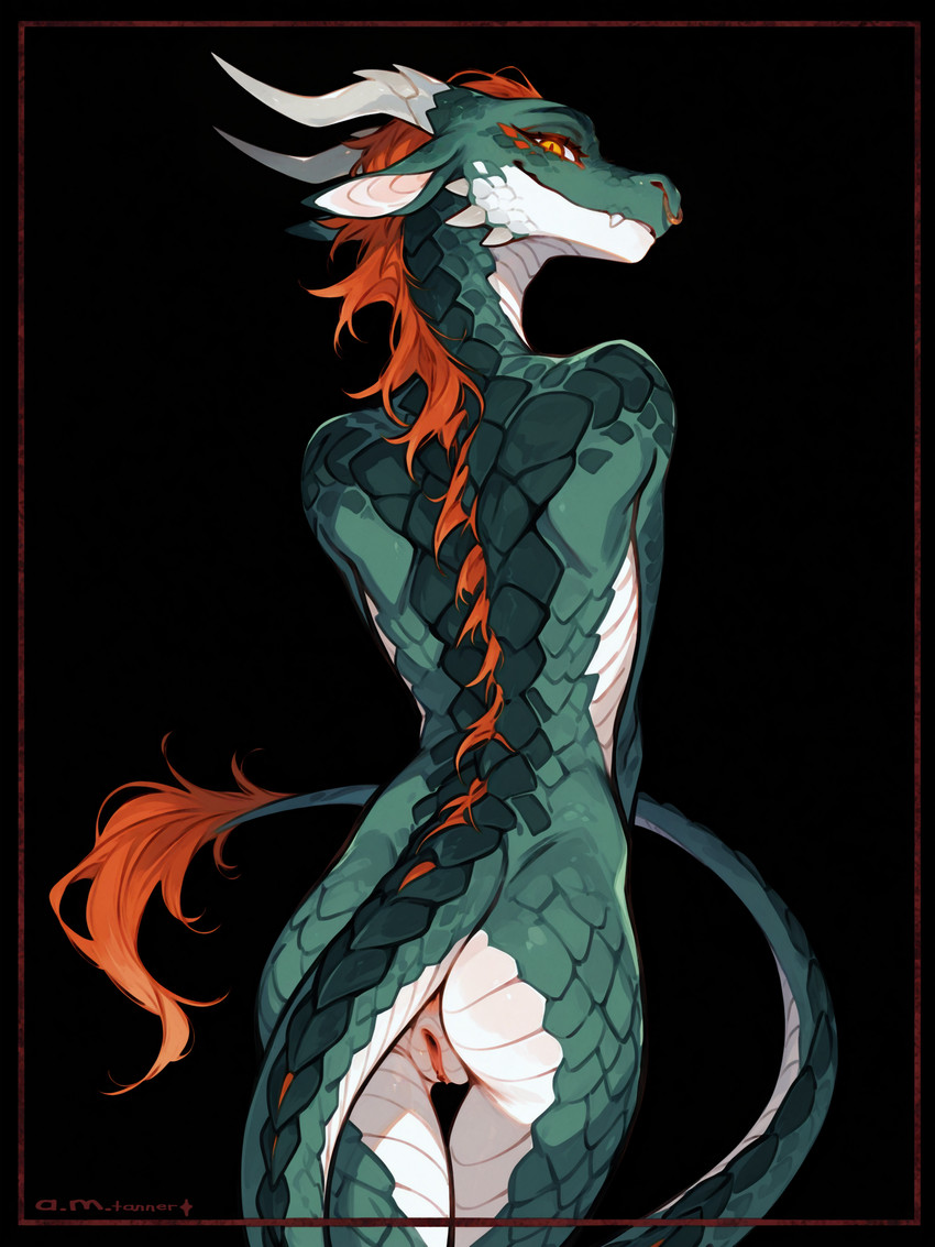 andromorph anthro anus back_mane butt ears_down facial_piercing female genitals hair horn intersex mythology nose_piercing nose_ring orange_hair piercing pivoted_ears pussy rear_view ring_piercing solo spikes spikes_(anatomy) tail tail_tuft teeth tuft yellow_eyes not_a_real_wolf dragon mythological_creature mythological_scalie scalie hi_res portrait three-quarter_portrait