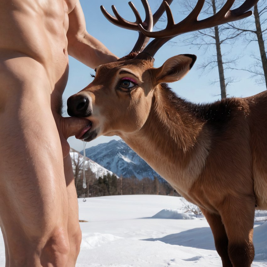 antlers balls bestiality bodily_fluids duo eyeshadow fellatio female feral fur genitals horn humanoid_genitalia humanoid_penis makeup male male/female oral outdoors penile penis realistic realistic_feral running_mascara saliva sex snow tongue director_unholycow capreoline cervid human mammal reindeer detailed