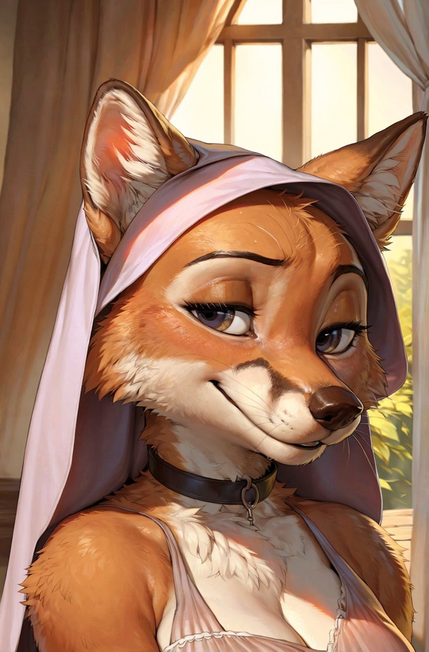 anthro choker clothing female jewelry looking_at_viewer necklace smile solo topwear window bananda2 maid_marian canid canine fox mammal hi_res portrait