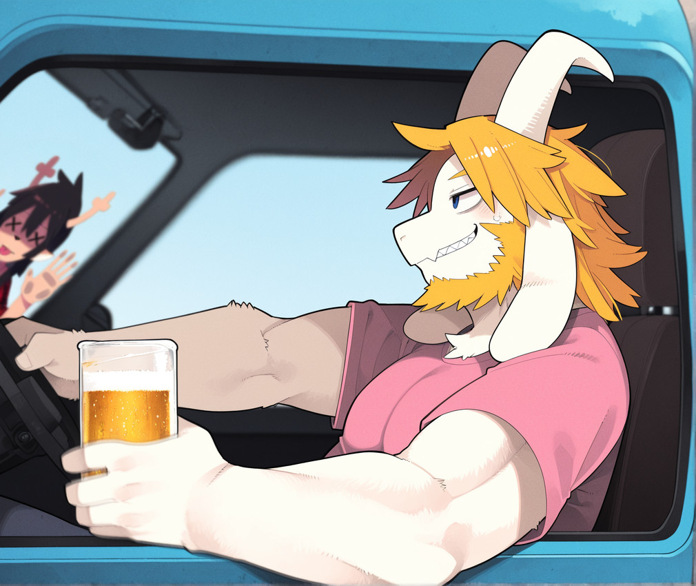 alcohol anthro beard beer beverage blonde_hair blue_eyes blush car clothed clothing driving drunk duo electronics facial_hair fingers fur hair holding_object horn humor inside_car long_ears male male_focus mature_anthro mature_male muscular muscular_male pink_clothing pink_shirt pink_topwear shirt smile solo_focus substance_intoxication teeth topwear vehicle white_body white_fur unknown_director deltarune undertale_(series) asgore_dreemurr dess_holiday bovid caprine goat mammal hi_res meme