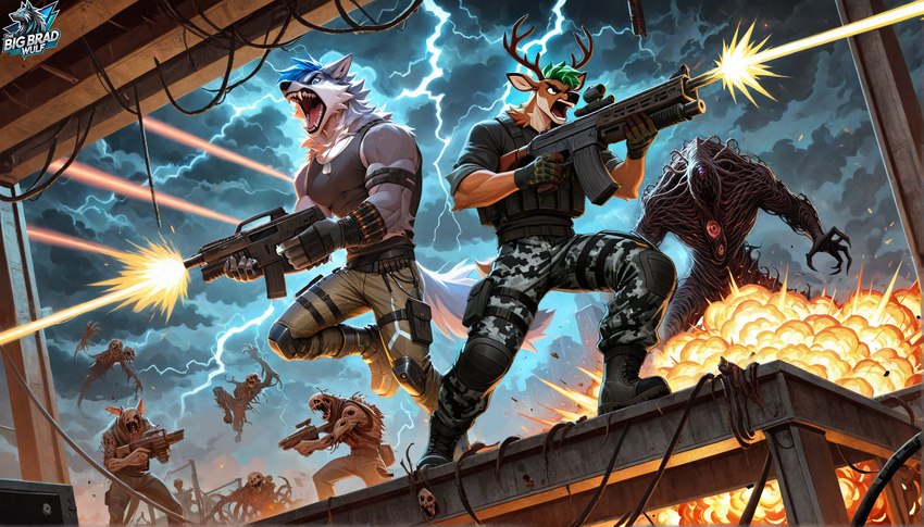 ambiguous_gender anthro antlers armor assault_rifle battle black_clothing black_shirt black_tank_top black_topwear blue_hair bone boots bottomwear brown_body brown_fur camo camo_bottomwear camo_clothing camo_pants camo_print claws clothed clothing cloud detailed_background electricity explosion fangs fingerless_gloves fire footwear fur gloves green_hair grey_body grey_fur group gun hair handwear holding_gun holding_object holding_ranged_weapon holding_weapon hooves horn lightning logo machine machine_gun male military muscular muscular_anthro muscular_male open_mouth pants pattern_bottomwear pattern_clothing pattern_pants ranged_weapon rifle sharp_teeth shirt shooting skull sky smoke sparks standing tail tank_top teeth tongue topwear vest weapon white_body white_fur thebigbradwulf brad_wulf_(thebigbradwulf) buckshot_bruin_(thebigbradwulf) canid canine canis cervid cervine humanoid mammal monster undead were werecanid wolf zombie artist_logo digital_media_(artwork) hi_res