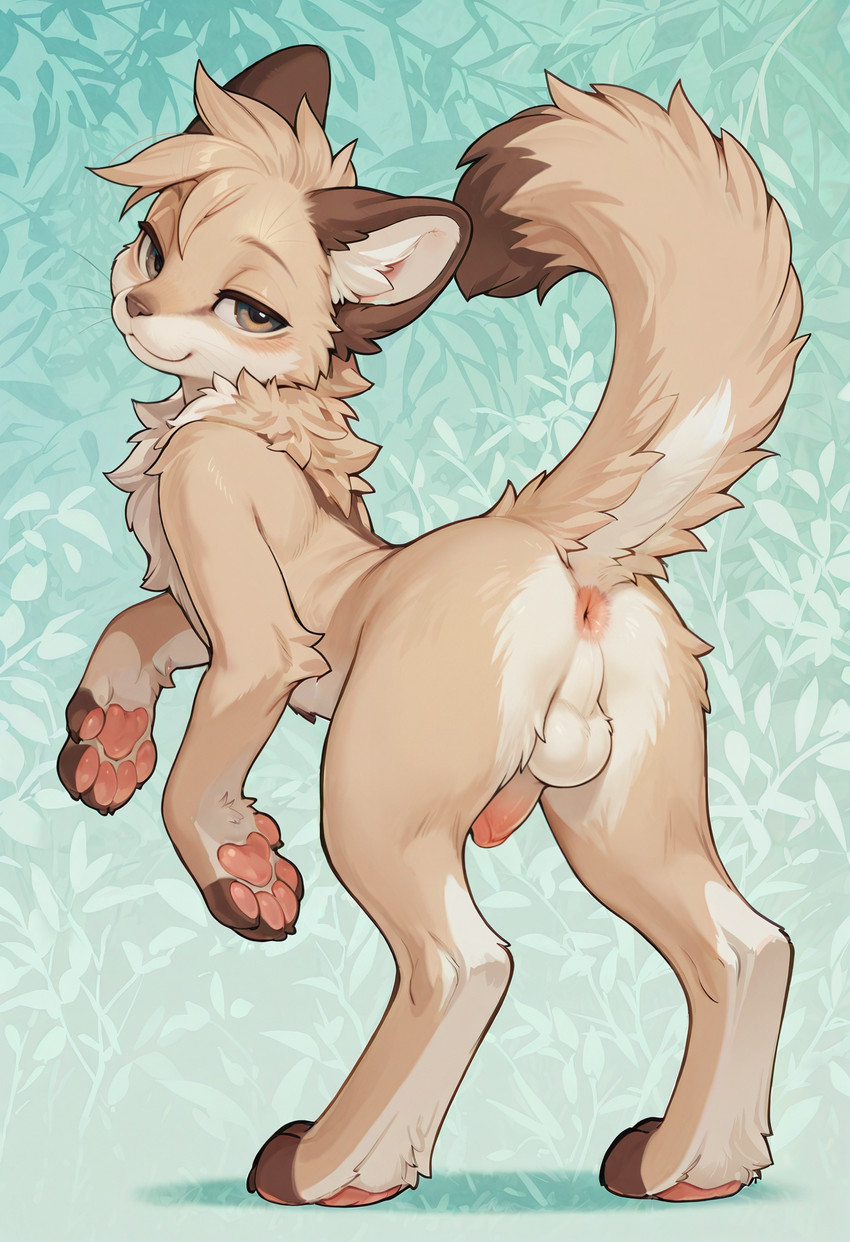 5_fingers abstract_background anthro anus backsack balls bedroom_eyes butt claws digitigrade erection fingers fluffy fur genitals humanoid_genitalia humanoid_penis looking_at_viewer looking_back male narrowed_eyes pawpads paws penis perineum presenting presenting_anus presenting_hindquarters quadruped raised_tail seductive semi-anthro smile solo tail tan_body tan_fur tuft lucanon felid feline mammal hi_res