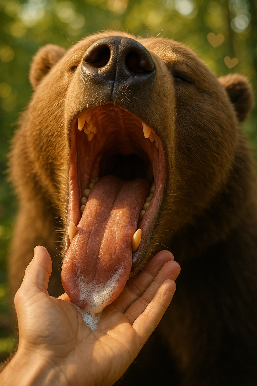 ambiguous_gender bodily_fluids dripping eyes_closed female feral hand_lick mouth_shot open_mouth saliva saliva_drip saliva_on_tongue solo teeth throat tongue tongue_out brown_bear grizzly_bear mammal ursid ursine hi_res