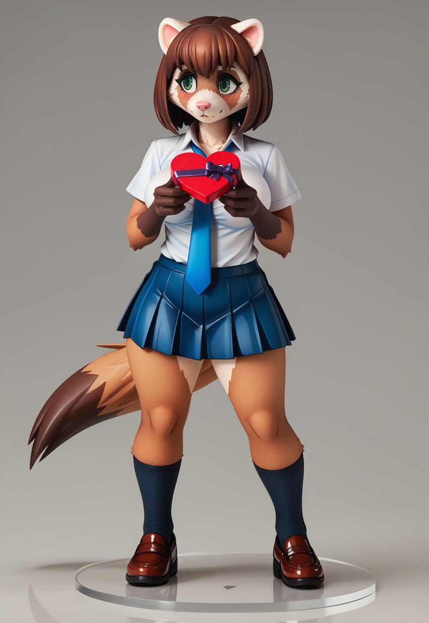 <3 anthro blue_bottomwear blue_clothing blush bottomwear box_of_chocolates breasts brown_body brown_fur brown_hair candy chocolate clothed clothing dessert eyebrows female figurine fingers food footwear fur green_eyes grey_background hair holding_object holidays legwear markings necktie pink_nose realistic_lighting ribbons school_uniform shirt shoes simple_background skirt socks solo standing topwear uniform white_clothing white_shirt white_topwear anonymous_director domestic_ferret mammal mustela mustelid musteline true_musteline full-length_portrait hi_res portrait