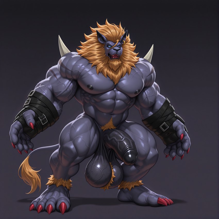 4_toes abs anthro armband ball_tuft balls biceps big_balls big_muscles black_penis blue_eyes claws feet fur genitals huge_muscles humanoid_genitalia leg_tuft male mane muscular nude pecs penis pink_claws plantigrade purple_body purple_skin solo spikes tail_tuft toes tuft vein veiny_balls veiny_muscles veiny_penis yellow_body yellow_fur vanzilen fusion_character digimon_(species) leomon madleomon hi_res