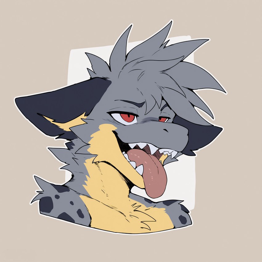 anthro black_ears black_spots ears_down fur grey_body grey_fur grey_hair hair half-closed_eyes looking_up male narrowed_eyes open_mouth outline pivoted_ears red_eyes sharp_teeth simple_background slim_body solo spiky_hair spots teeth tongue tongue_out yellow_body yellow_chest yellow_ears yellow_fur yellow_jaw adzyx3m_(director) degin dragon furred_dragon 1:1 headshot_portrait hi_res portrait