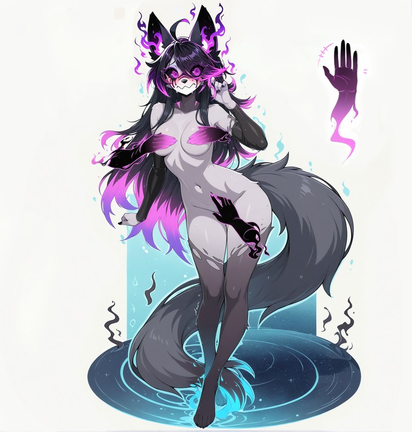 5_fingers anthro black_body black_fur black_hair black_sclera blush breasts claws convenient_censorship covering disembodied_hand embarrassed female fingers fire fluffy fluffy_tail fur ghost_hands glowing glowing_eyes gradient_hair grey_body grey_fur hair long_hair long_tail looking_at_viewer magic multicolored_body multicolored_hair navel nude purple_eyes purple_hair simple_background smile solo standing tail two_tone_hair thebigbradwulf nyx_(thebigbradwulf) canid canine fennec fox mammal spirit digital_media_(artwork) hi_res