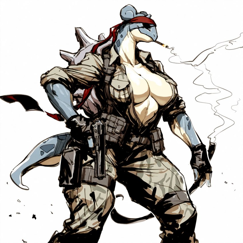 anthro bandanna belt big_breasts breasts cigarette clothed clothing exposed_breasts eye_patch eyewear female fingerless_gloves gloves gun handwear holding_object holding_weapon holster inner_boob kerchief metal_gear military_uniform open_clothing open_topwear presenting presenting_breasts ranged_weapon smile smoke solo standing topwear uniform weapon anonymous_director generation_1_pokemon lapras pokemon_(species) hi_res novelai