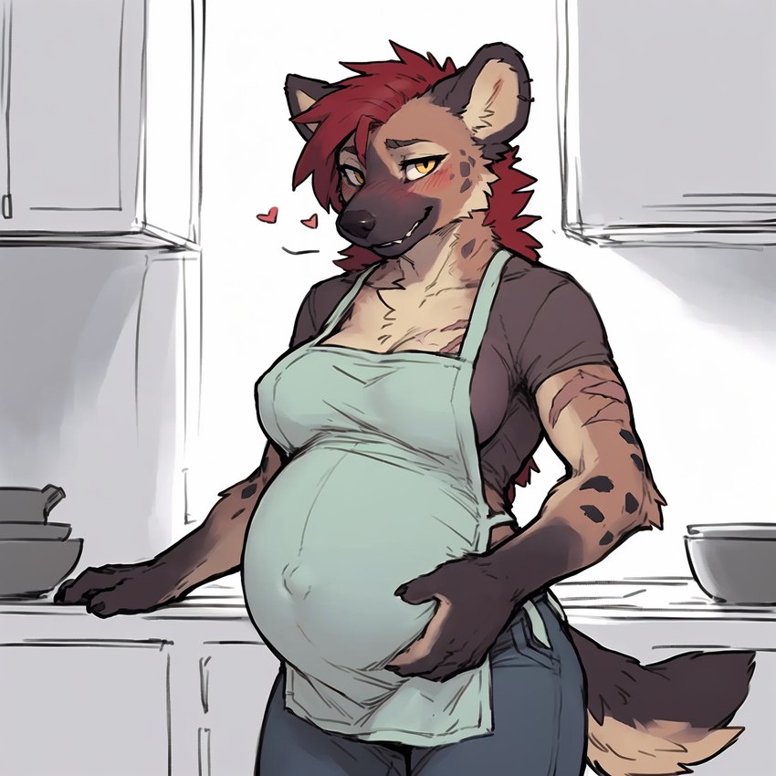 <3 anthro apron blush bottomwear clothed clothing denim denim_clothing embarrassed female fully_clothed hair hand_on_stomach holding_belly inside jeans kitchen looking_at_viewer pants pregnant pregnant_female punk punk_hair red_hair scar shy smile solo anonymous_director hyaenid mammal hi_res