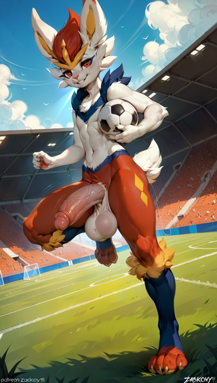 anthro athletic athletic_male ball balls big_balls big_penis blush casual_exposure casual_nudity chest_tuft cloud erection football_field genitals grass humanoid_genitalia humanoid_penis light looking_at_viewer male navel nipples nude outside penis plant public raised_leg red_body red_eyes smile solo stadium standing sunlight tuft vein veiny_penis white_body ascar cinderace generation_8_pokemon pokemon_(species) attempted_signature hi_res