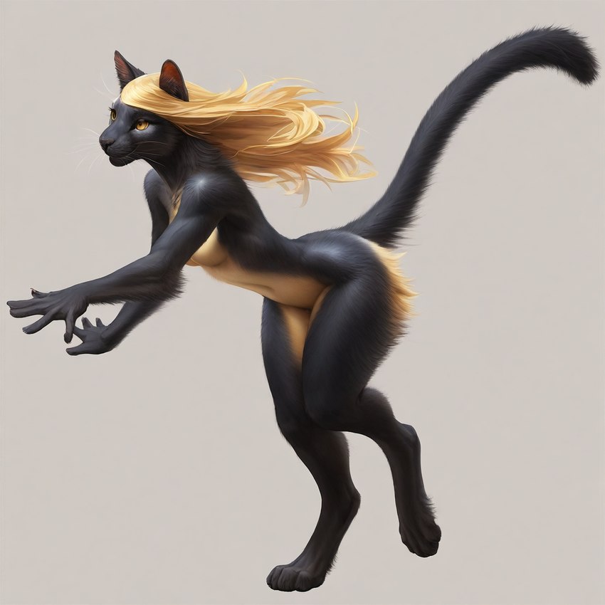 anthro bent_over black_body black_fur blonde_hair chasing digitigrade female fur golden_eyes hair long_hair nude running simple_background solo tasteful_nudity yellow_body yellow_fur director_crashbandit felid mammal pantherine novelai