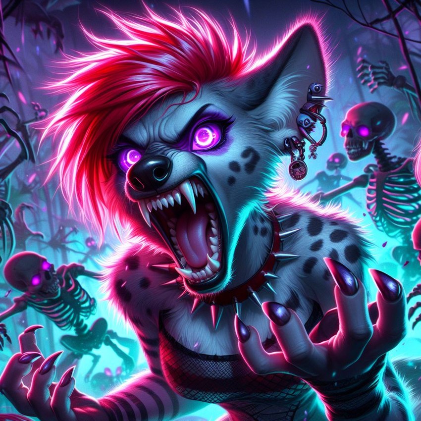 angry anthro apocalypse bodily_fluids burning butt collar crystal ear_piercing ear_ring female fur grey_body grey_fur hair piercing purple_eyes red_hair ring_piercing spiked_collar spikes tears teeth yelling icefoxai trrith_(character) hyaenid mammal