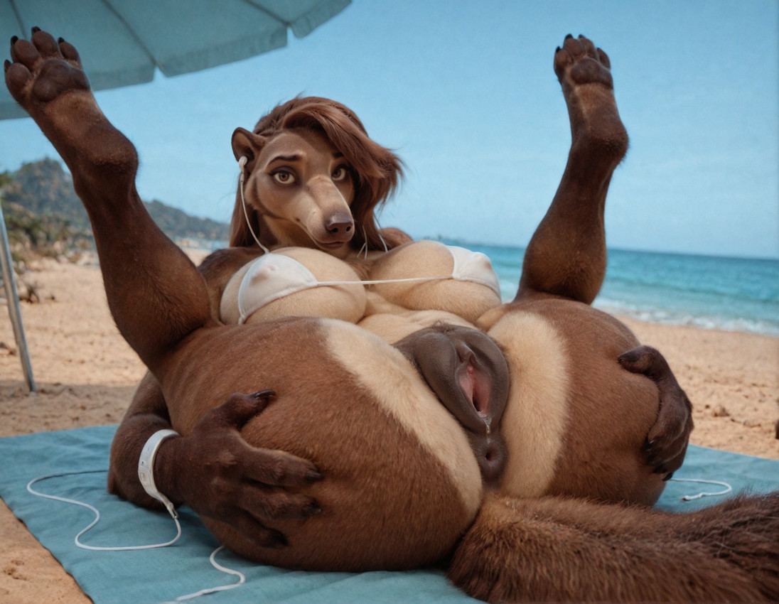 4_fingers anthro anus bangs beach big_tail bikini bikini_top bodily_fluids brown_body brown_eyes brown_fur brown_hair busty butt butt_grab claws clothing female fingers fur genital_fluids genitals hair hair_over_eye hand_on_butt headphones legs_over_head legs_up long_snout looking_at_viewer lying multicolored_body multicolored_fur on_back one_eye_obstructed pawpads plump_labia presenting presenting_pussy pussy pussy_juice sand seaside snout solo spread_legs spread_pussy spreading swept_bangs swimwear tail tan_body tan_fur thick_thighs towel two_tone_body two_tone_fur umbrella nnam_si3 anteater mammal pilosan xenarthran hi_res