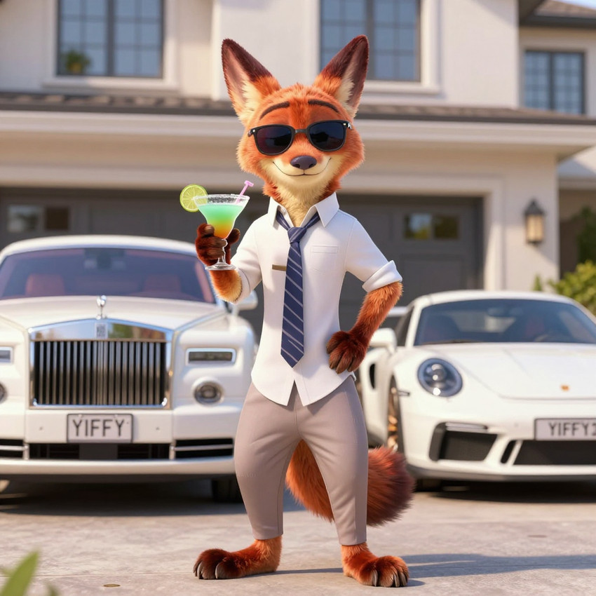 alcohol anthro beverage building car clothing cocktail eyewear food fruit fur garage hand_on_hip house lime male margarita necktie orange_body orange_fur outside plant porsche porsche_911 rolls_royce shirt smile smirk solo sunglasses topwear vehicle white_body white_clothing white_fur white_shirt white_topwear markrhey disney zootopia nick_wilde canid canine fox mammal