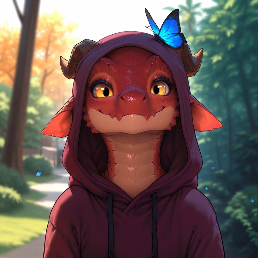 anthro blurred_background brown_horn clothed clothing day ears_down female front_view fully_clothed happy hoodie horn light looking_at_viewer outside park pivoted_ears plant purple_clothing purple_hoodie purple_topwear red_body red_scales scales shrub smile solo standing sunlight sunny tan_body tan_scales topwear tree yellow_eyes hummuna wani_(hummuna) arthropod butterfly insect kobold lepidopteran reptile scalie absurd_res detailed hi_res portrait