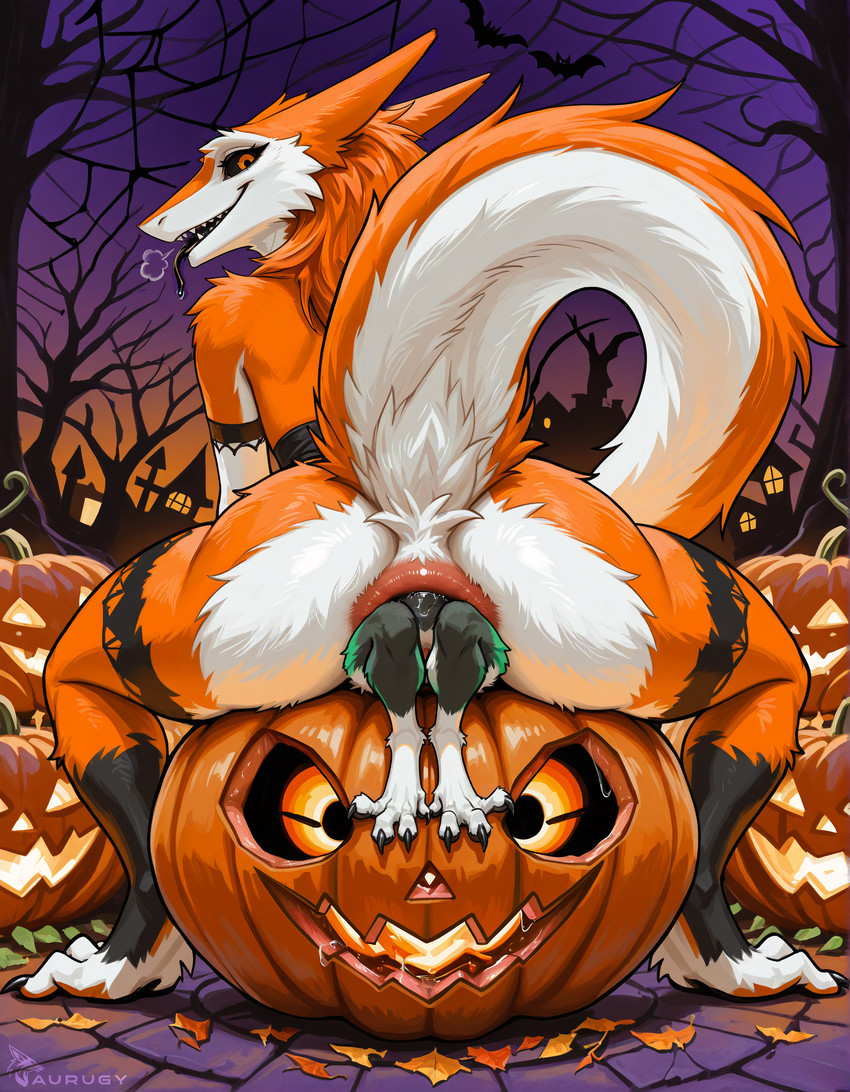 anal anal_vore anthro anus breath butt butt_focus female fur green_body green_fur halloween halloween_costume jack-o'-lantern looking_at_viewer looking_back looking_back_at_viewer male male/female orange_body orange_fur outside presenting presenting_hindquarters raised_tail rear_view sitting sitting_on_another size_difference steamy_breath vore aurugy sergal hi_res