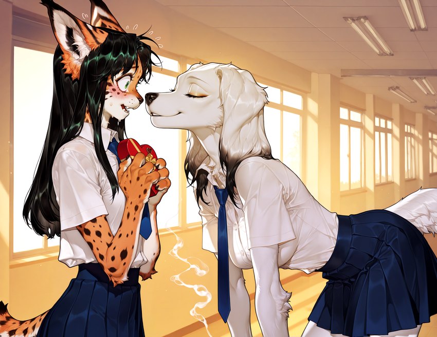 anthro blush breasts clothing duo female necktie school_hallway school_uniform smoke surprised_expression uniform anonymous_director valentine's_day canid canine canis domestic_dog felid feline hunting_dog mammal saluki sighthound hi_res