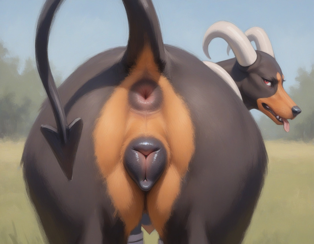 animal_genitalia animal_pussy anus butt canine_genitalia canine_pussy female feral fur genitals horn looking_at_viewer looking_back looking_back_at_viewer multicolored_body multicolored_fur presenting presenting_hindquarters presenting_pussy pussy raised_tail solo spade_tail tail tongue tongue_out anonymous_director nintendo pokemon canid canine generation_2_pokemon houndoom mammal pokemon_(species) hi_res