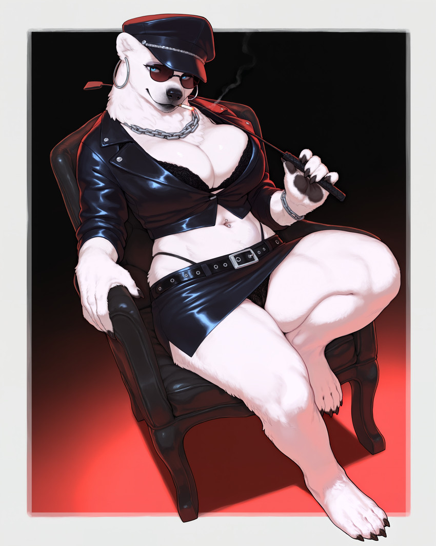 4_toes 5_fingers anthro barefoot belt big_breasts biped black_bottomwear black_bra black_claws black_clothing black_hat black_headwear black_jacket black_nose black_panties black_pawpads black_skirt black_thong black_topwear black_underwear blue_eyes border bottomwear bra bracelet breasts buckle chain chain_necklace chair cigar cigarette claws cleavage cleavage_overflow clothed clothed_anthro clothed_female clothing curvy_figure dominatrix dutch_angle ear_piercing ear_ring eyewear feet female female_anthro finger_claws fingers fully_clothed fur furniture glasses glistening glistening_clothing gradient_background hat head_tilt headgear headwear highleg holding_object hoop_ear_ring huge_breasts humanoid_hands jacket jewelry leather leather_clothing leather_jacket leather_topwear lingerie looking_at_viewer midriff miniskirt monotone_body monotone_breasts monotone_clothing monotone_fur navel navel_piercing necklace on_chair one_leg_up outside_border panties panty_peek pawpads paws piercing plantigrade raised_leg riding_crop ring ring_(jewelry) ring_piercing simple_background sitting sitting_on_chair skirt smile smoke smoking solo straps sunglasses thick_thighs thong toe_claws toes topwear tuft underwear whip white_body white_breasts white_fur wide_hips burioth mammal polar_bear ursid ursine absurd_res digital_media_(artwork) full-length_portrait hi_res portrait