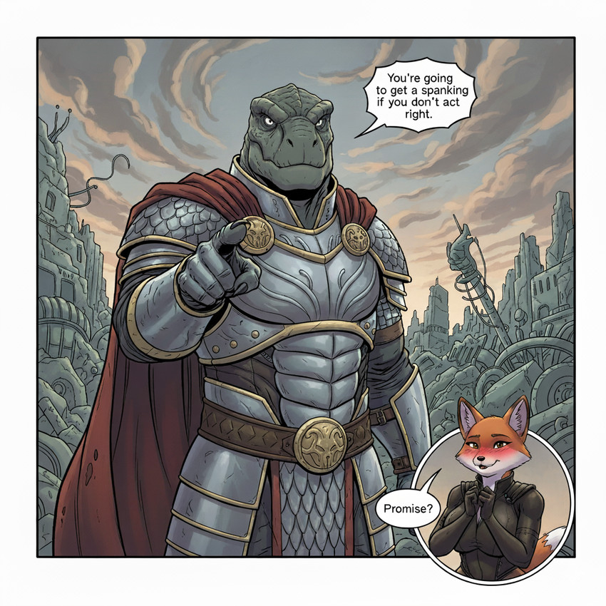 5_fingers amber_eyes anthro armor city city_background city_destruction claws detailed_background dialogue duo excited female female_anthro fingers fur gesture green_body green_scales knight looking_at_viewer male male/female male_anthro metal multicolored_body multicolored_fur multiple_angles muscular muscular_anthro muscular_male orange_body orange_fur outside pointing pointing_at_viewer prompt ruins scales smile smiling_at_viewer talking_to_viewer text warrior white_body white_fur yellow_eyes secretyiff canid canine dinosaur fox mammal reptile scalie comic english_text