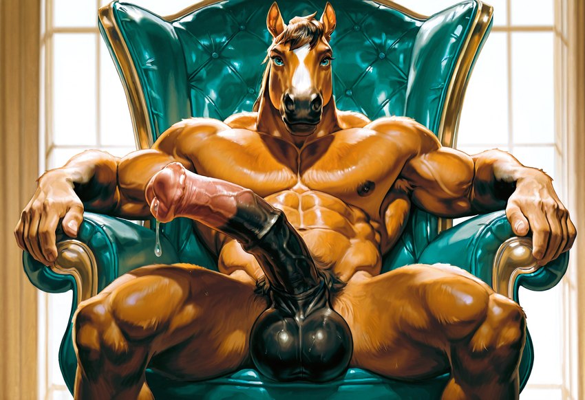 5_fingers abs anatomically_correct anatomically_correct_genitalia anatomically_correct_penis animal_genitalia animal_penis anthro armchair balls biceps big_balls big_muscles big_penis biped black_balls black_nipples black_penis blue_eyes bodily_fluids body_hair brown_body brown_fur brown_hair chair confident dripping equine_genitalia equine_penis erection fingers flared_penis front_view fur furniture genital_fluids genitals glistening glistening_genitalia hair huge_balls huge_penis inside leaking_precum long_penis looking_at_viewer male medial_ring muscular muscular_anthro muscular_male navel nipples nude nude_male obliques on_chair pecs penis precum precum_drip precum_string presenting presenting_penis pubes saggy_balls sitting sitting_on_chair smile solo spread_legs spreading sweat sweaty_balls sweaty_genitalia throne vein veiny_arms veiny_muscles veiny_penis window caninecargo equid equine horse mammal hi_res