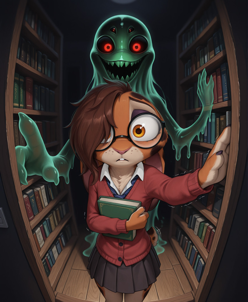 4_fingers ambiguous_gender anthro blush book bookshelf bottomwear brown_hair buckteeth claws clothed clothing duo eyeshadow eyewear female fingers fisheye_lens fully_clothed fur furniture glasses hair hair_over_eye holding_book holding_object inside library looking_at_viewer makeup markings multi_eye one_eye_obstructed open_mouth orange_body orange_fur pink_nose purple_eyes red_clothing red_eyes round_glasses scared school_uniform shaking shirt skirt slime smile standing tail teeth topwear translucent translucent_body tuft uniform wide_eyed yellow_eyes alucard_(director) ghost goo_creature lagomorph leporid mammal monster rabbit spirit absurd_res hi_res