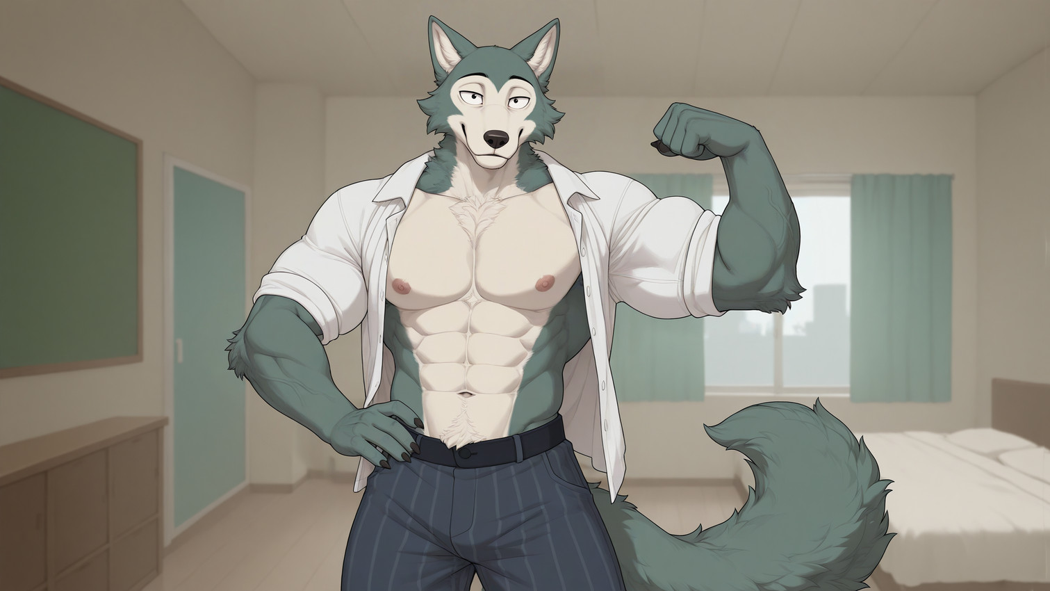 abs anthro bed bedroom belt biceps bottomwear claws clothed clothing curtains flexing flexing_bicep fur furniture grey_body grey_fur inside looking_at_viewer male muscular muscular_anthro muscular_male navel nipples obliques open_clothing open_shirt open_topwear pants pattern_clothing pecs shirt smile solo standing tail topwear tuft bumblebee95 beastars legoshi_(beastars) canid canine canis mammal wolf hi_res widescreen