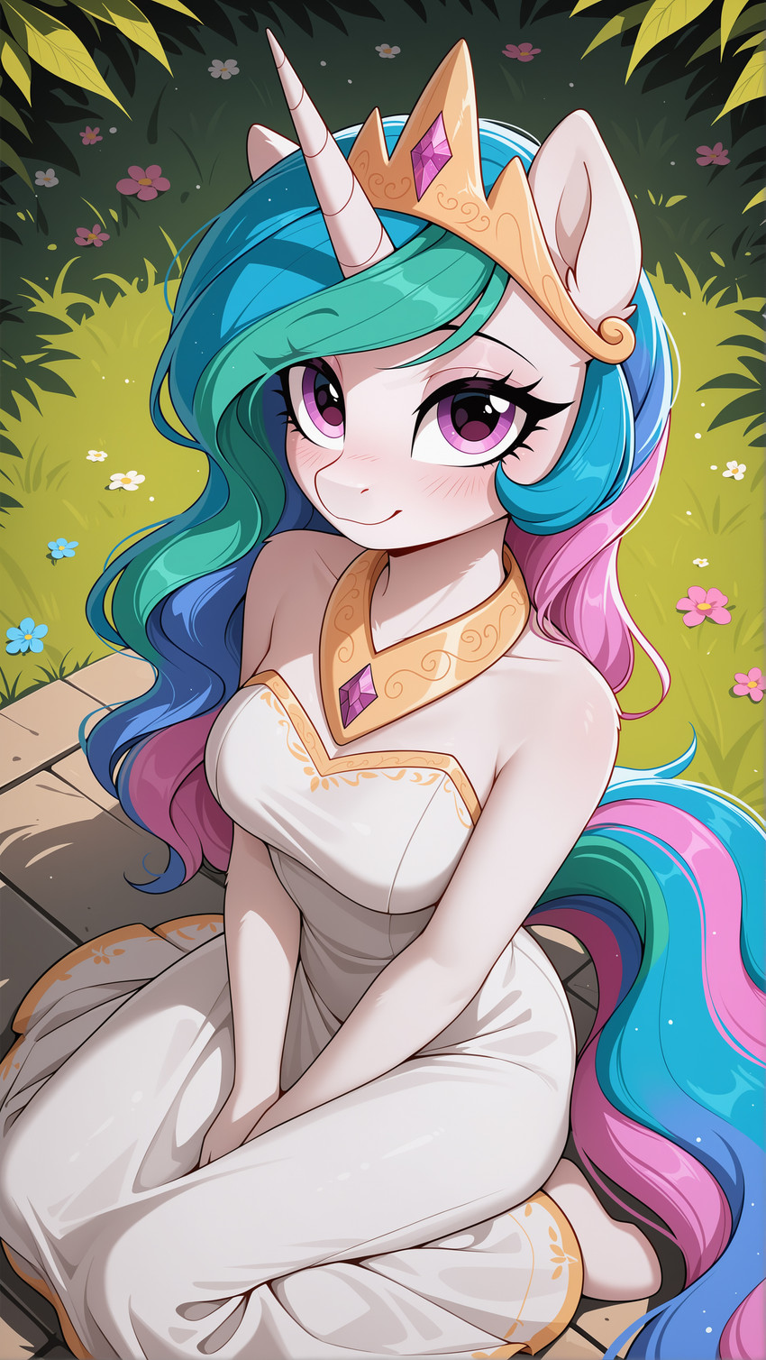 anthro blushing_at_viewer clothing crown dress eyelashes female fur horn jewelry mane necklace outside purple_body sitting sitting_on_ground smile smiling_at_viewer solo strapless_clothing strapless_dress tail white_body white_fur daren666 friendship_is_magic my_little_pony princess_celestia_(mlp) equid equine mammal unicorn absurd_res hi_res stable_diffusion