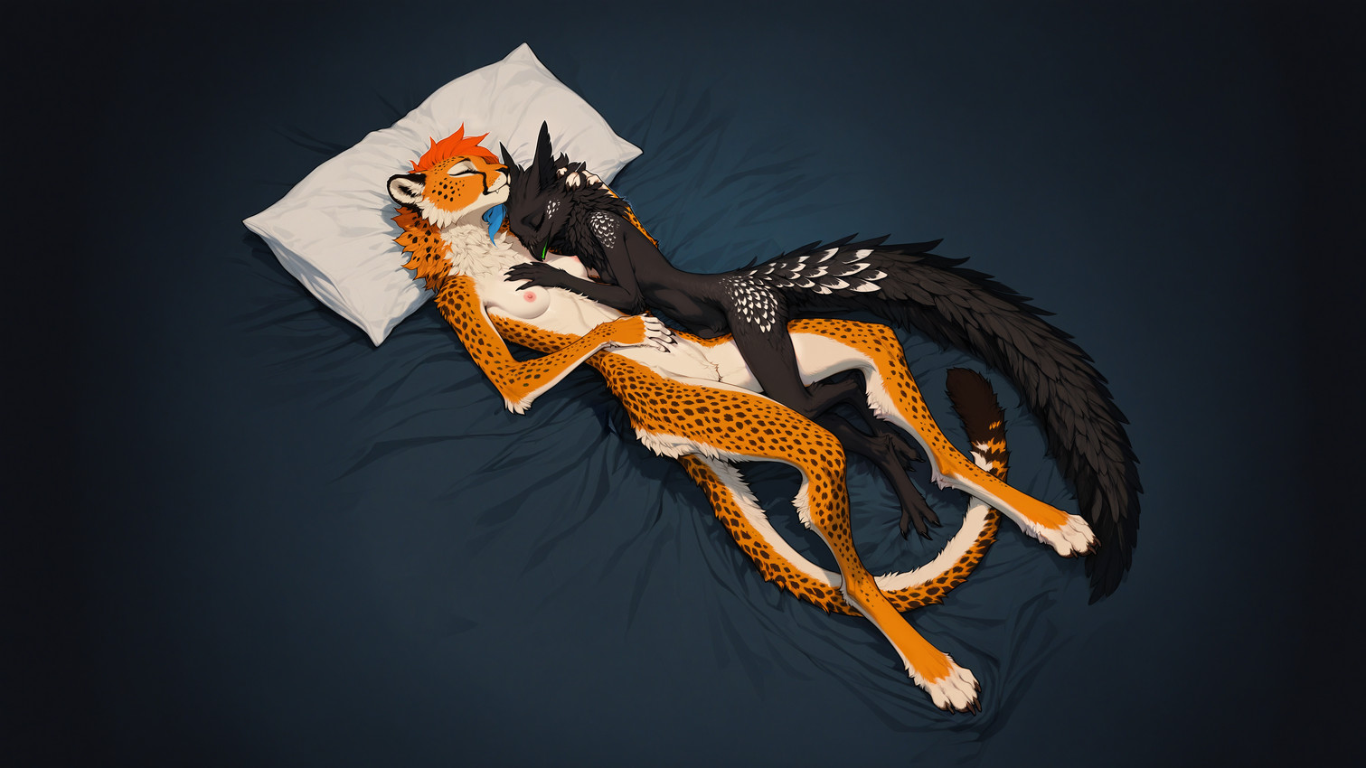 3_toes 4_toes 5_fingers anthro beak bed_sheet bedding black_body black_fur blue_hair breasts claws crotch_tuft cute_fangs digitigrade duo embrace eyes_closed featureless_crotch feet female female/female fingers fluffy fur green_tongue hair hand_on_chest head_grab hug long_tail lying neck_tuft nipples nude on_back on_side orange_hair pillow pink_nipples side_cut simple_background sleeping slim small_breasts smile spots spotted_body spotted_fur toes tongue tuft yellow_body yellow_fur oldhroft shadow_(oldhroft) vex_(oldhroft) avian cheetah felid feline mammal velari absurd_res hi_res wallpaper