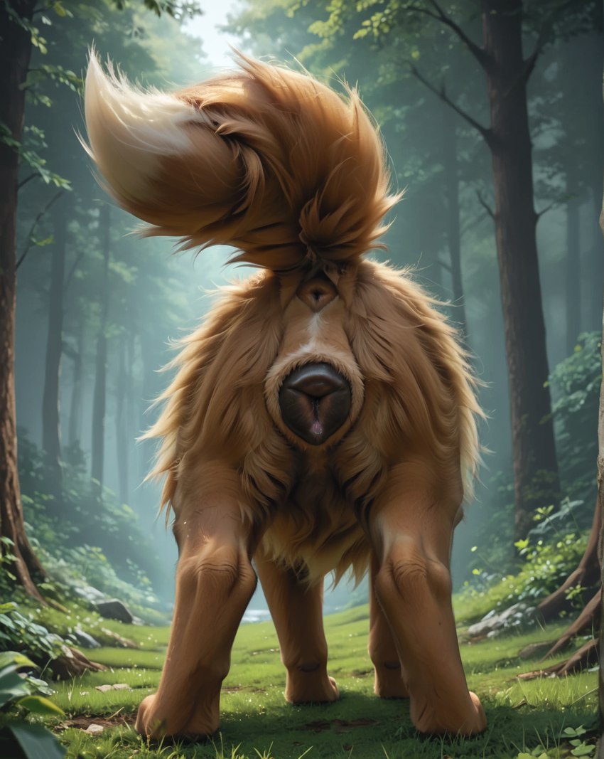 animal_genitalia animal_pussy anus brown_body brown_fur canine_genitalia canine_pussy detailed_background faceless_character female feral forest fur genitals photorealism photorealistic plant pussy raised_tail rear_view self_upload solo standing tree eevee generation_1_pokemon pokemon_(species) hi_res