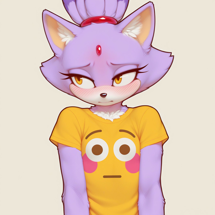anthro blush clothing emoji eyelashes female flat_chested fur looking_aside purple_body purple_fur shirt simple_background solo topwear yellow_eyes zaddha sega sonic_the_hedgehog_(series) blaze_the_cat domestic_cat felid feline felis mammal hi_res