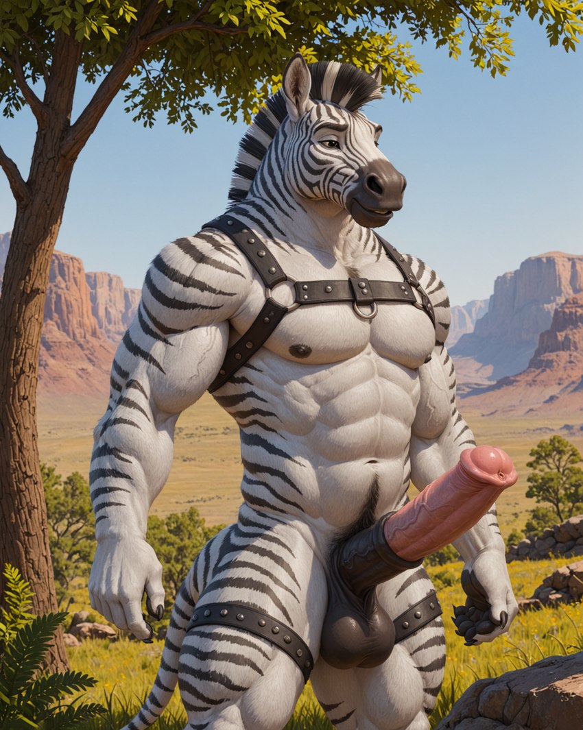 abs animal_genitalia animal_penis anthro balls big_balls big_penis black_balls canyon casual_nudity crotch_tuft equine_penis erection flared_penis genitals harness legband male medial_ring mostly_nude mountains muscular muscular_male outdoor_nudity outside penis plant presenting presenting_balls presenting_penis pubes savanna smile solo thighband tree tuft vein veiny_penis bumblebee95 equid equine mammal zebra hi_res