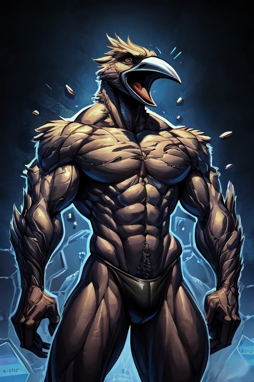 abs anthro athletic athletic_anthro athletic_male beak biceps big_muscles black_body black_feathers bottomwear clothing feathers growth male muscle_growth muscular muscular_anthro muscular_male nude open_beak open_mouth pants pecs ripped_muscles screaming solo standing triceps underwear birdovo avian bird corvid corvus_(genus) oscine passerine raven hi_res