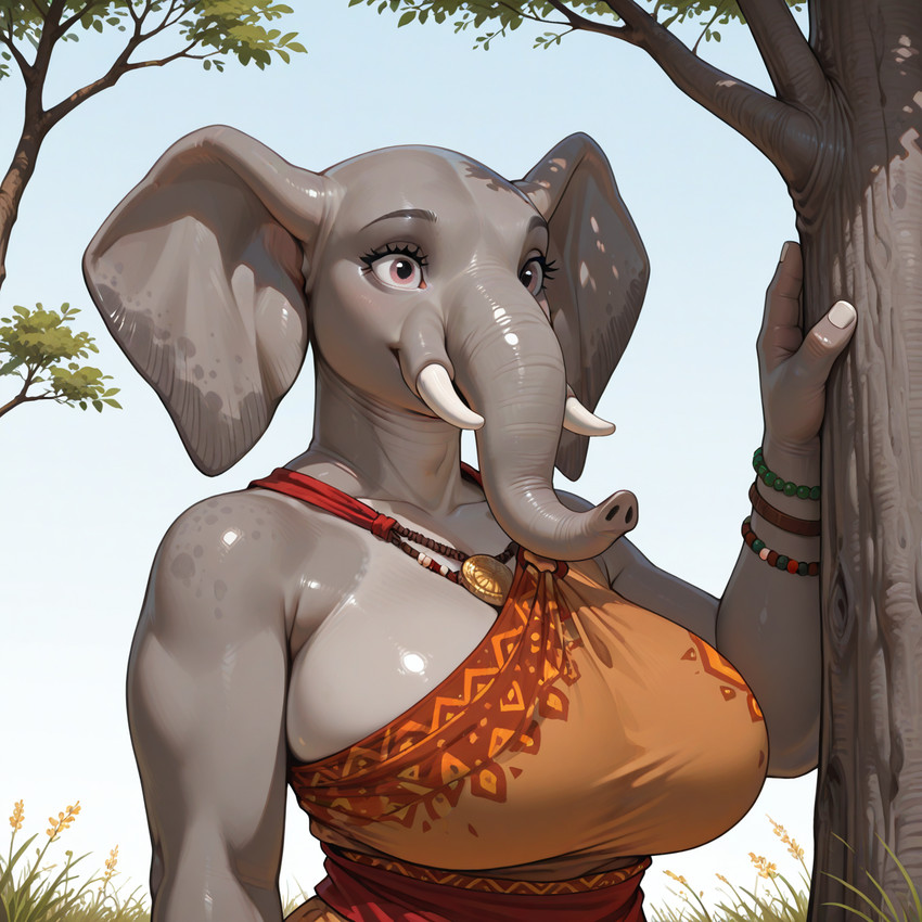 africa anthro closed_smile clothed clothing eyelashes female fully_clothed fully_clothed_female grey_body grey_skin jewelry looking_aside mouth_closed orange_clothing plant proboscis_(anatomy) smile solo tree trunk_(anatomy) tusks wide_eyed wristband jacksjilled elephant elephantid mammal proboscidean hi_res