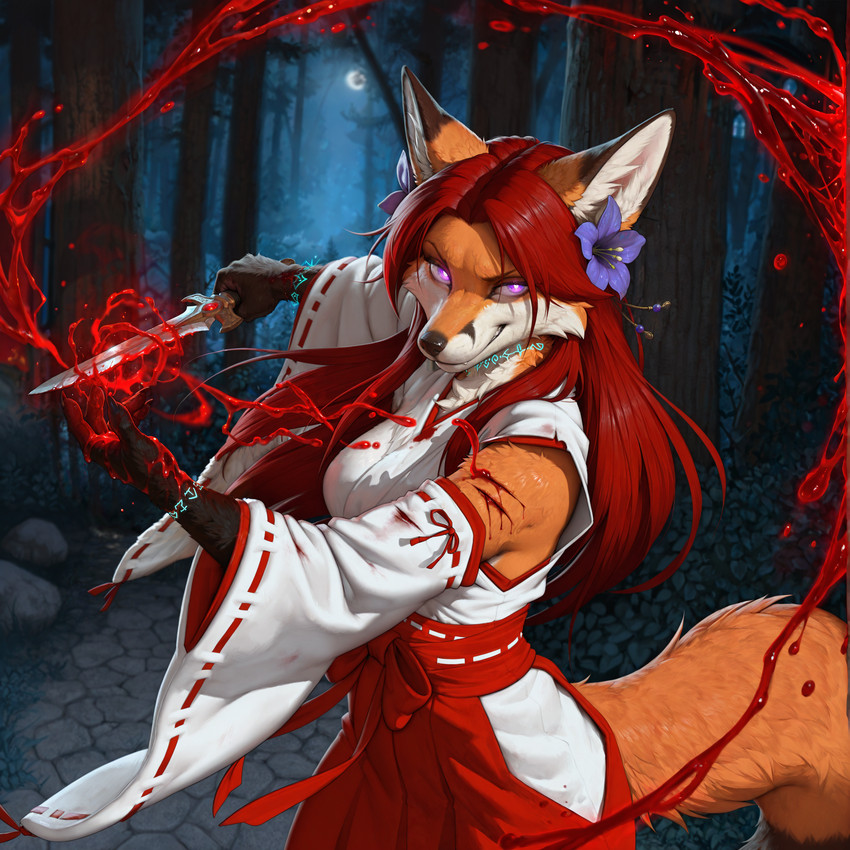 accessory anthro asian_clothing blood blood_magic blood_on_hand bodily_fluids claws clothing dagger east_asian_clothing female fighting_pose finger_claws flower flower_in_hair forest fox_ears glowing glowing_eyes hair hair_accessory inner_ear_fluff japanese_clothing lily_(flower) long_hair magic magic_user melee_weapon miko_outfit moon night plant pose red_hair smile smirk solo tree tuft violet_eyes weapon whisker_spots wounded erta_wanderer xinghong_de_xue_chenjile canid canine fox mammal hi_res