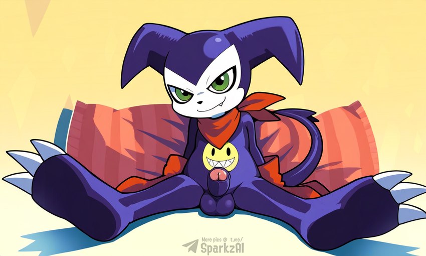 3_toes anthro balls bandanna biped claws clothing cute_fangs erection feet foreskin genitals glans gloves green_eyes handwear humanoid_genitalia humanoid_penis kerchief looking_at_viewer male mostly_nude neckerchief penis pillow purple_body simple_background sitting smile solo spread_legs spreading tail teeth text toe_claws toes sergalbutt digimon digimon_(species) impmon 5:3 signature url