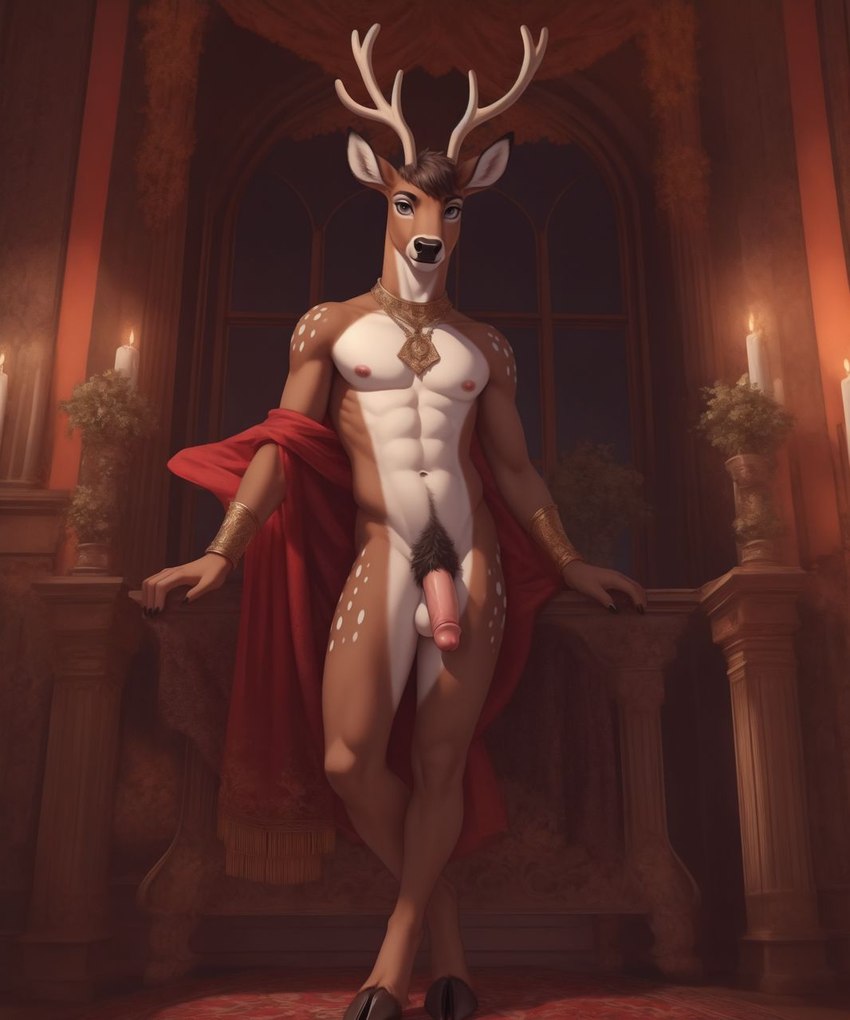 anthro antlers black_nose brown_body candle deer_ears deer_nose detailed_background fur genitals gold_(metal) gold_jewelry horn humanoid_genitalia humanoid_penis jewelry looking_at_viewer male night night_sky nipples penis pink_nipples pink_penis plant pose presenting presenting_penis pubes solo spots spotted_body spotted_fur white_body white_fur window jackson_maxston_(director) cervid mammal hi_res