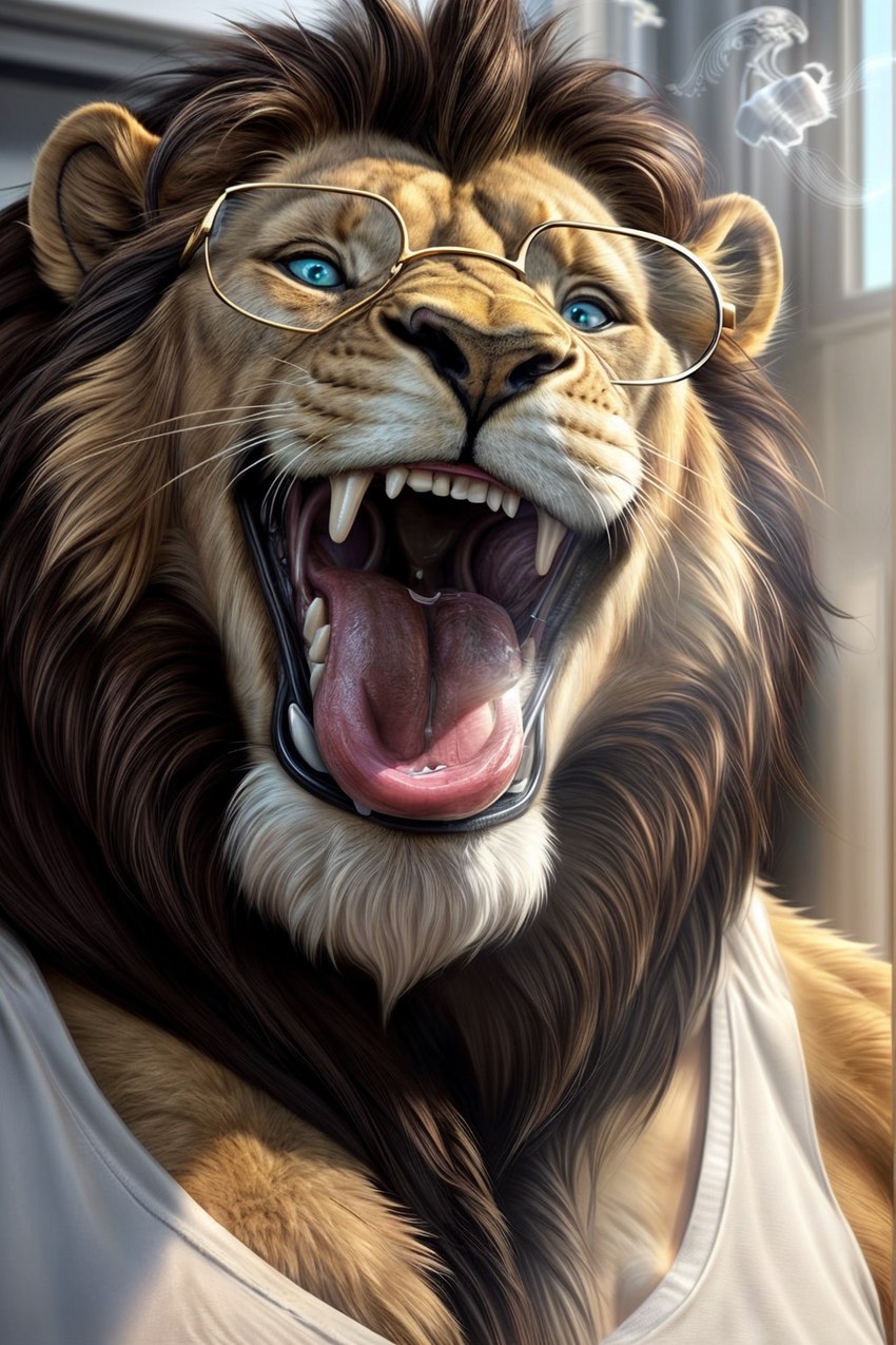 anthro blue_eyes bodily_fluids clothing eyewear glasses male mouth_shot open_mouth oral_vore saliva shirt solo tank_top topwear vore l649000 felid lion mammal pantherine hi_res